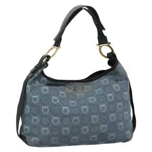 Authentic Salvatore Ferragamo Shoulder Bag Canvas Blue Gold